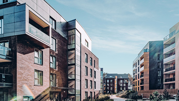 Modern building with flat roof and brick facade